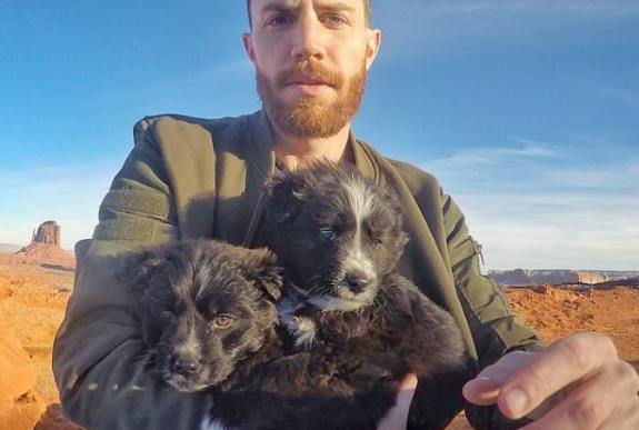 Мужчина нашел двух брошенных щенков в пустыне и теперь они объехали с ним половину США